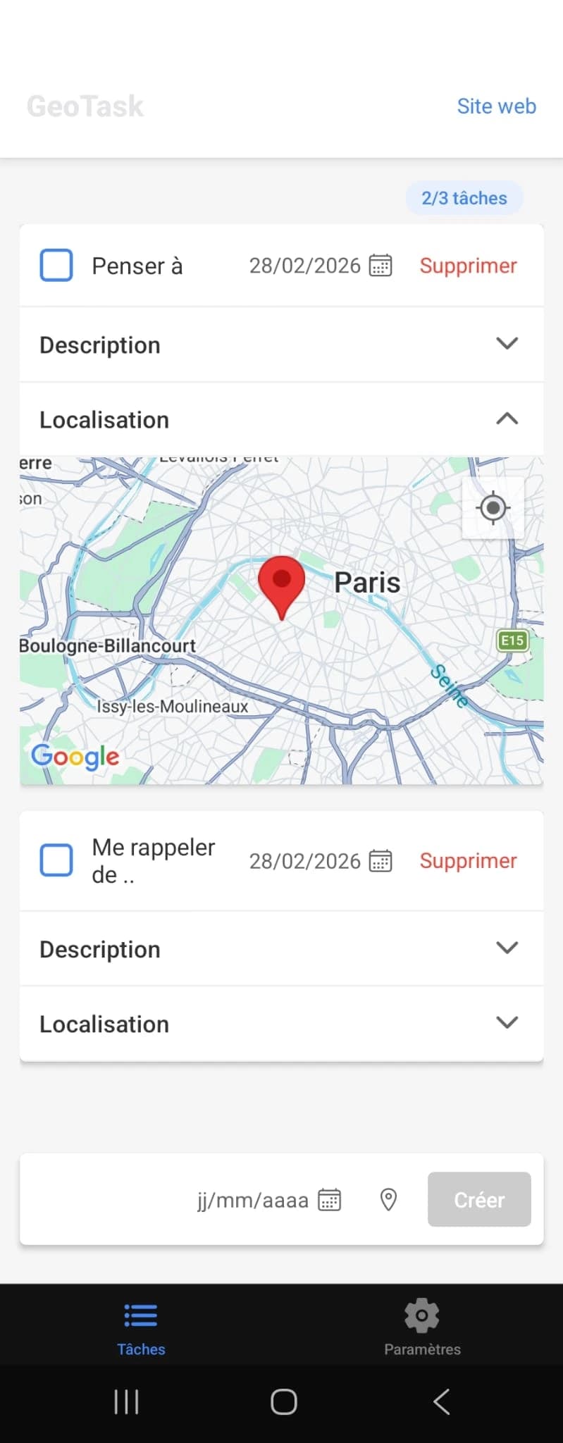 GeoTask's main screen: two dated tasks, the top one expanded onto a map of Paris with a point dropped on it.