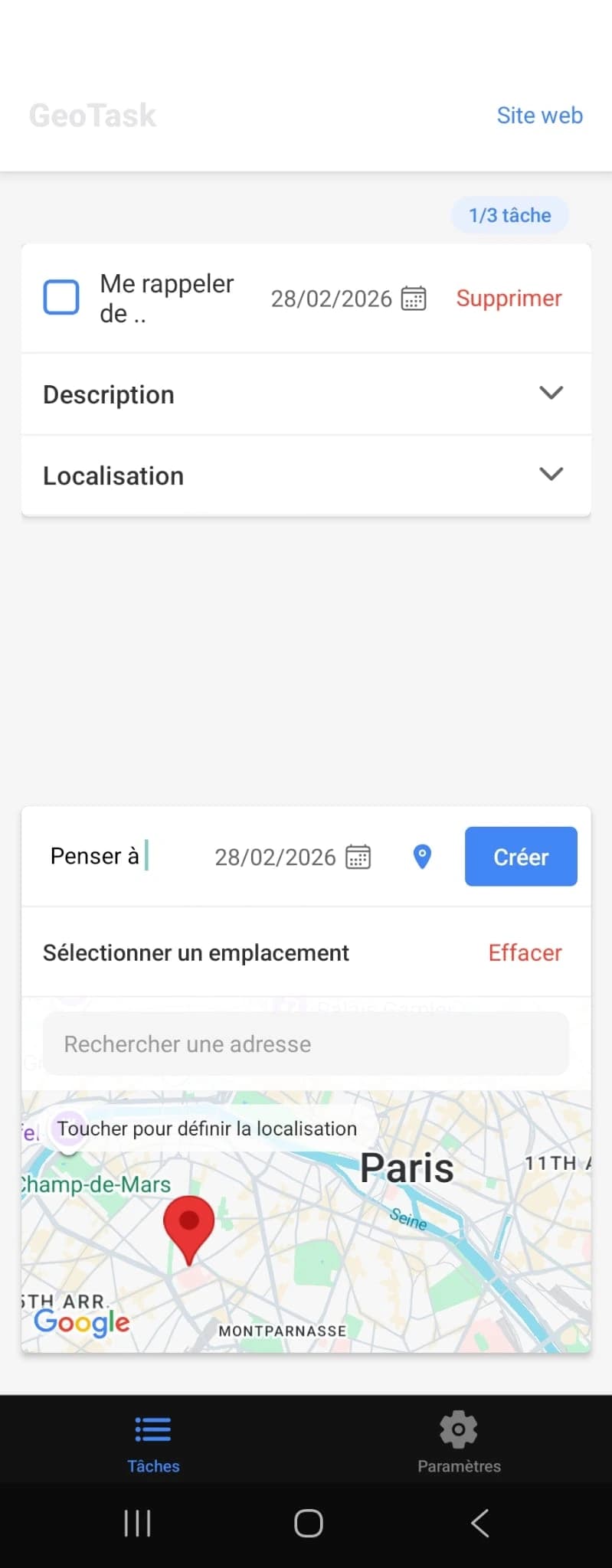 Creating a task in GeoTask: a title field, a date, an address search and a map to touch to drop the point.