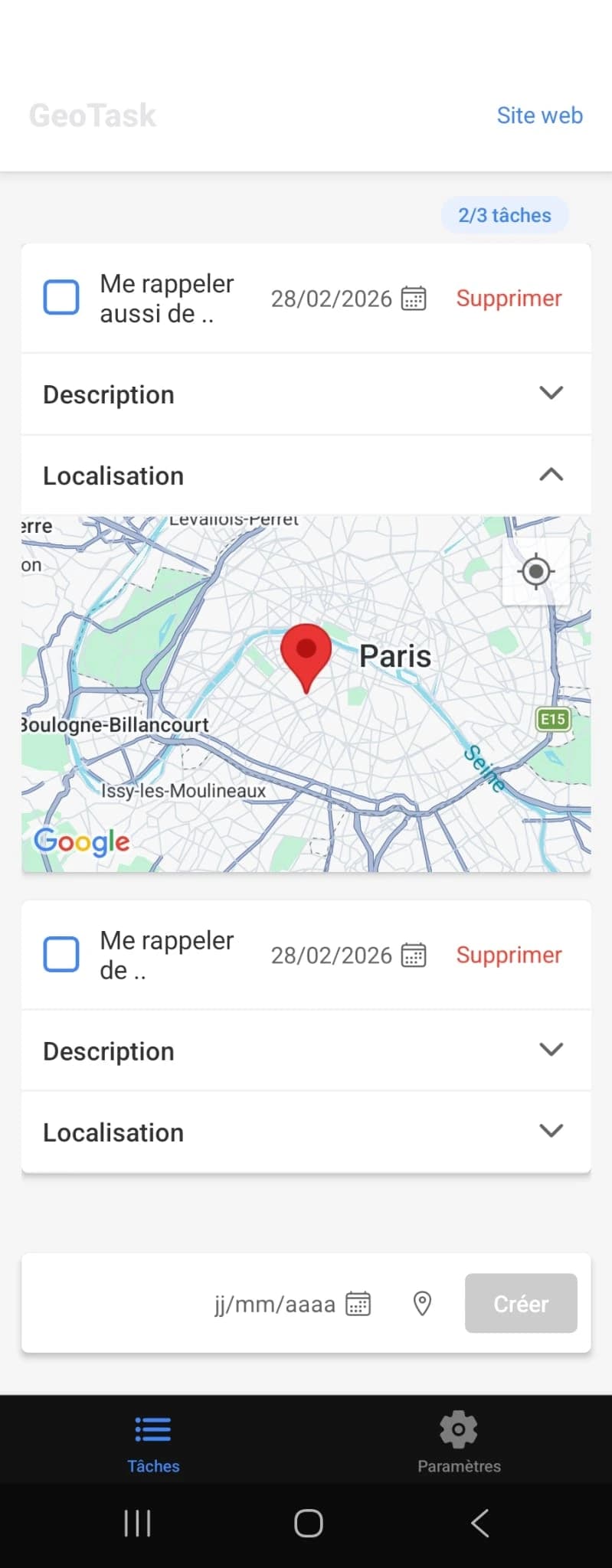 A GeoTask list of several tasks, one of them expanded onto its map.