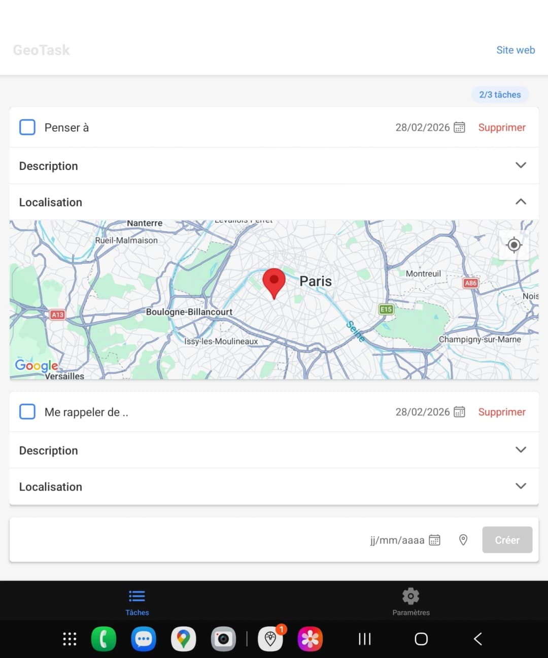 GeoTask sur tablette